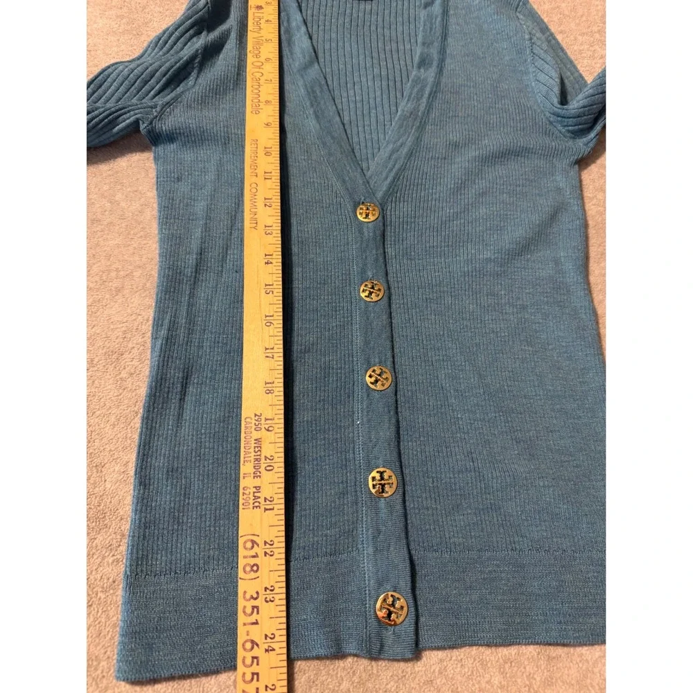 Tory Burch Teal Blue 100% Merino Wool Ribbed V-Neck Cardigan Logo Buttons Small
